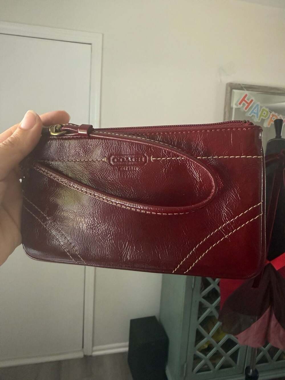 COACH Patent Leather Red Wine Large Wristlet Clutch Wallet